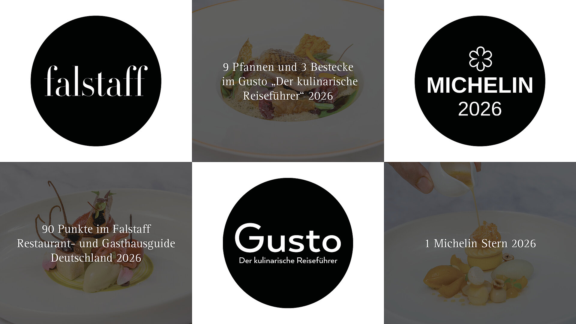 Auszeichnungen des Sternerestaurants Orangerie, darunter Michelin-Stern und Gusto Gourmetführer.
